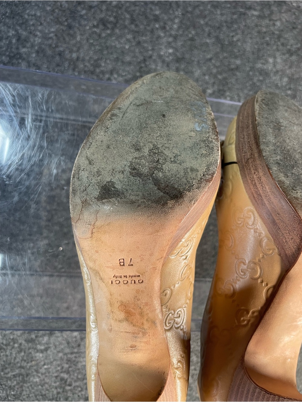 Gucci Guccisimma Horsebit Open Toe Light Sand Leather Heels Size 7 Monogram - Picture 14 of 16